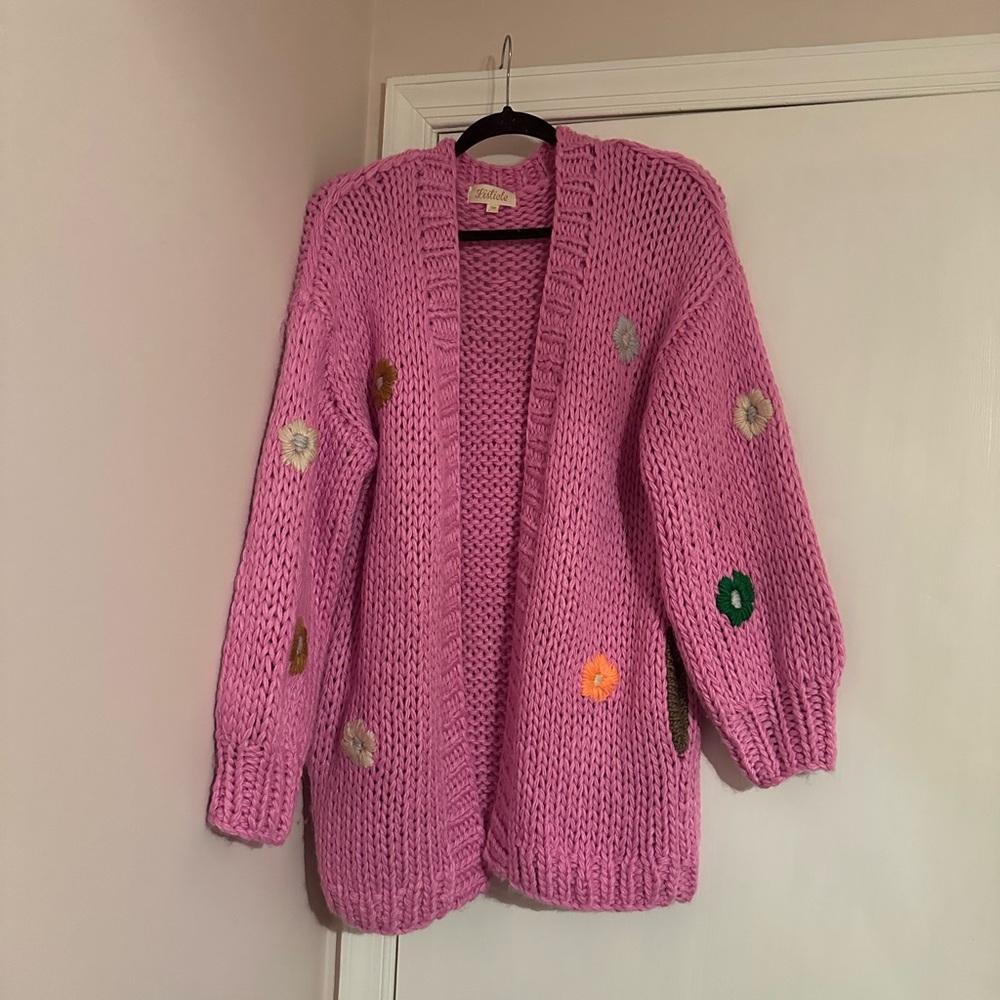 Pink Floral Chunky Knit Cardigan
